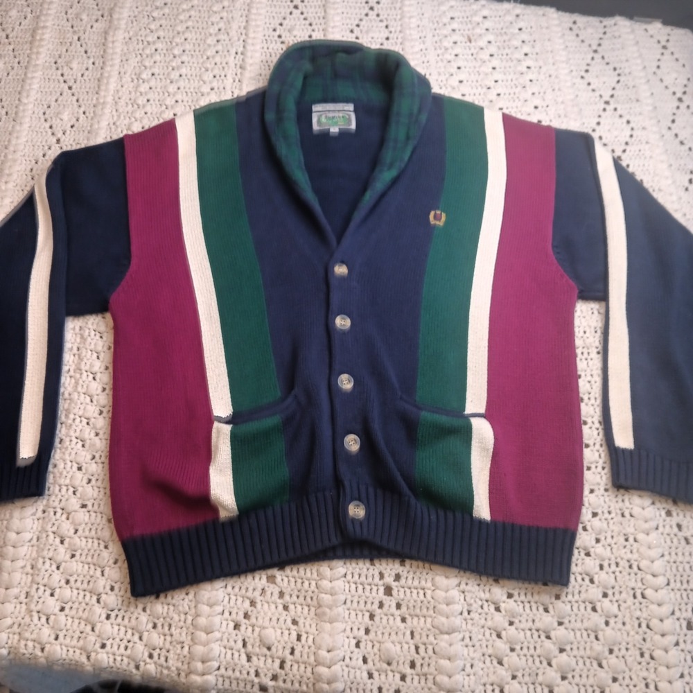 SIEGFRIED Vtg XL Color Block Striped Knit Button Shawl Varsity Crest Sweater - Picture 2 of 12